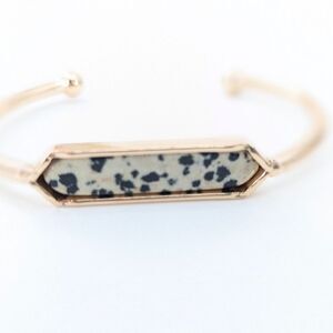 Dalmatian Jasper Cream Gold Tone Rectangle Slip on Cuff Bracelet
